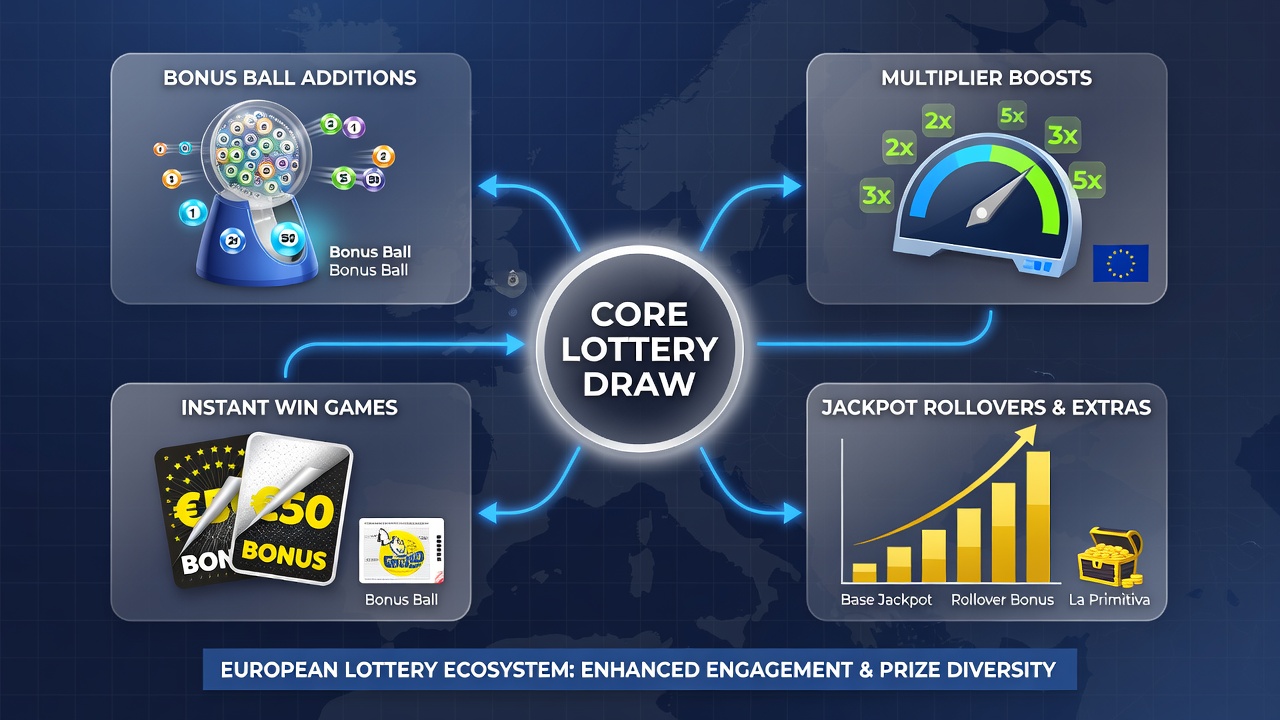 Players reviewing lottery results with bonus game indicators highlighted on digital screens and printed tickets