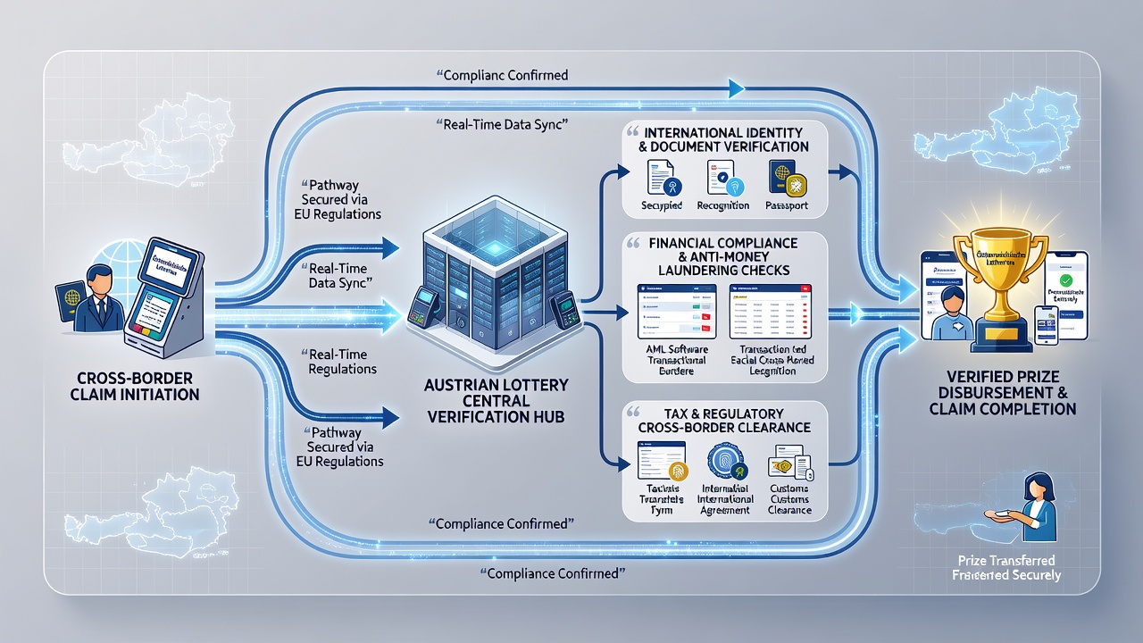 Cross-border lottery claim documentation review at an Austrian regulatory office with secure data systems